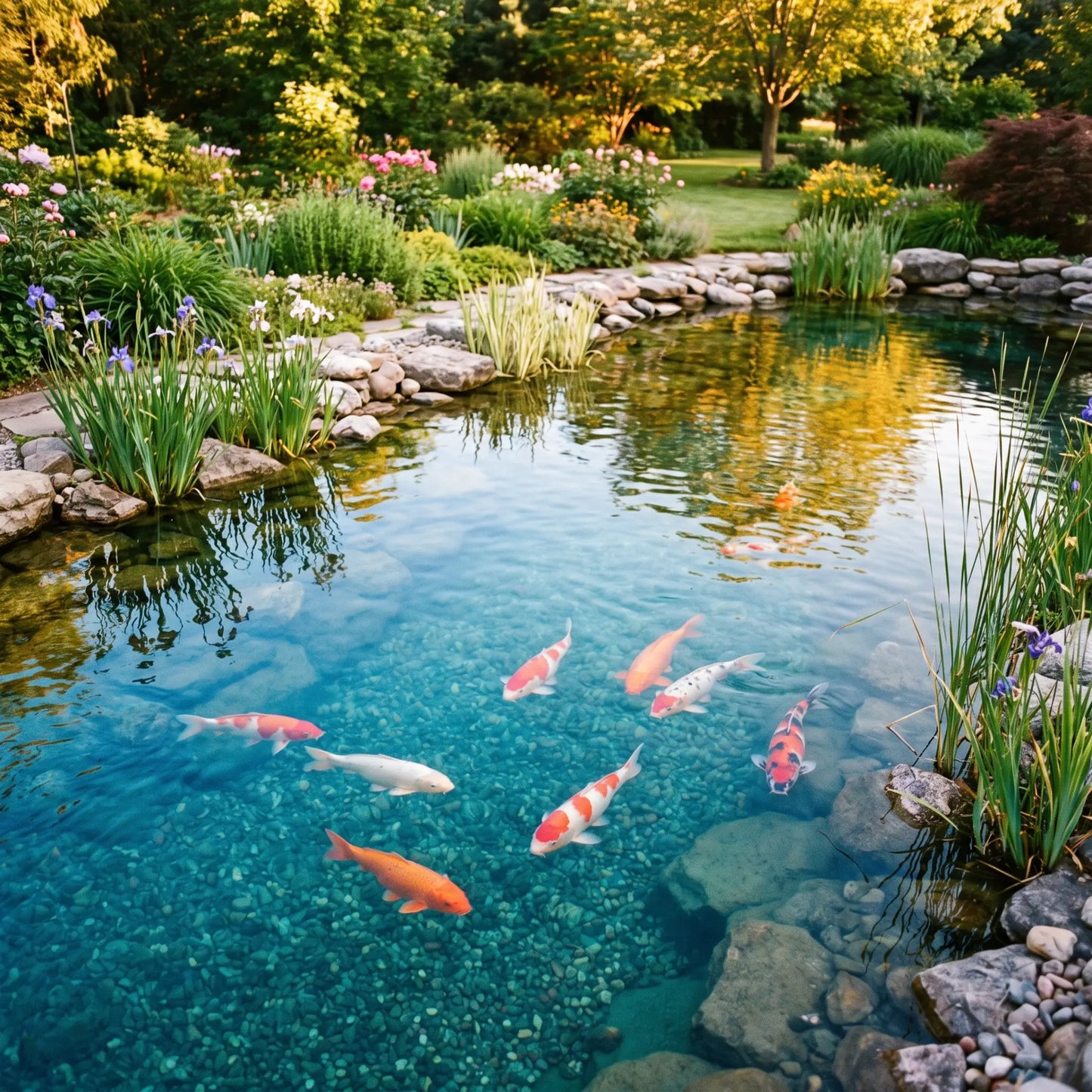 Koiteich mit kristallklarem Wasser und farbenfrohen Koi – Ergebnis nach Installation des Tripond Center Vortex GFK Teichfilters