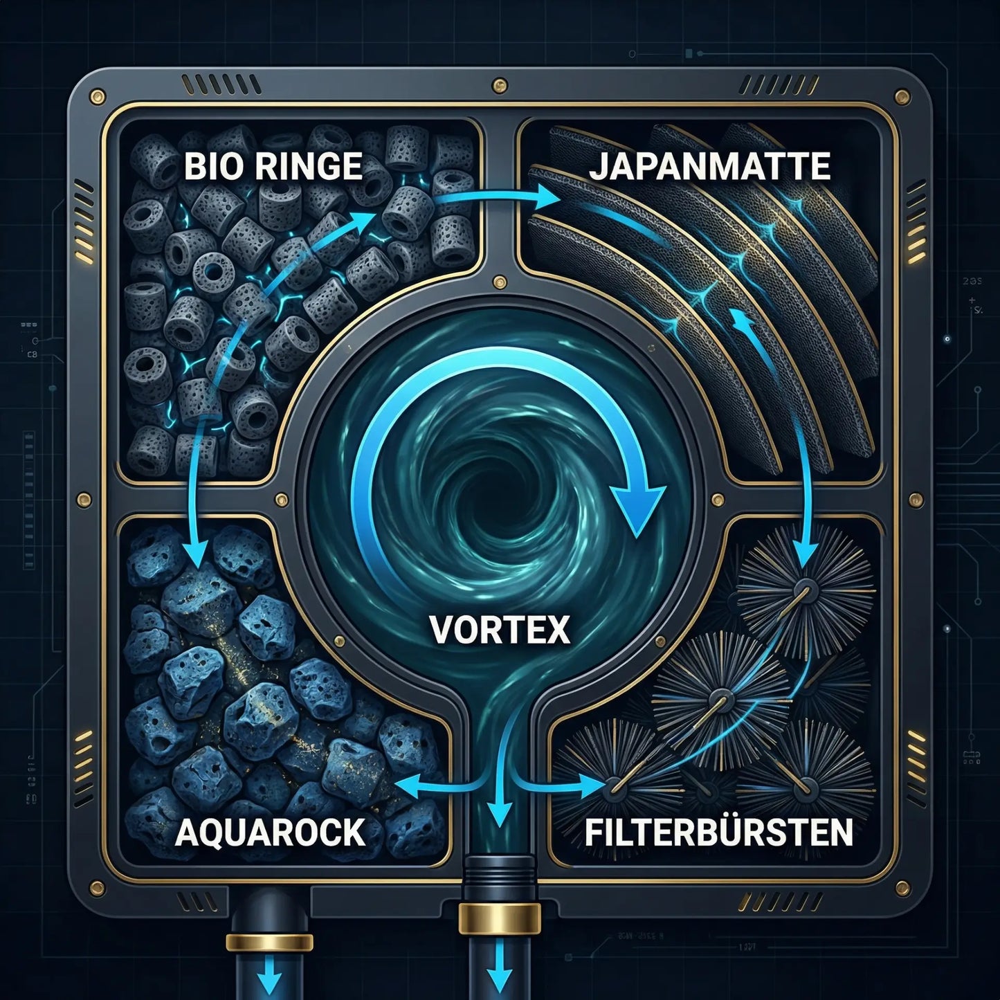 Tripond Center Vortex Strömungsdiagramm – Querschnitt von oben mit Vortex-Kreisströmung, Filterkammern und Wasserführung