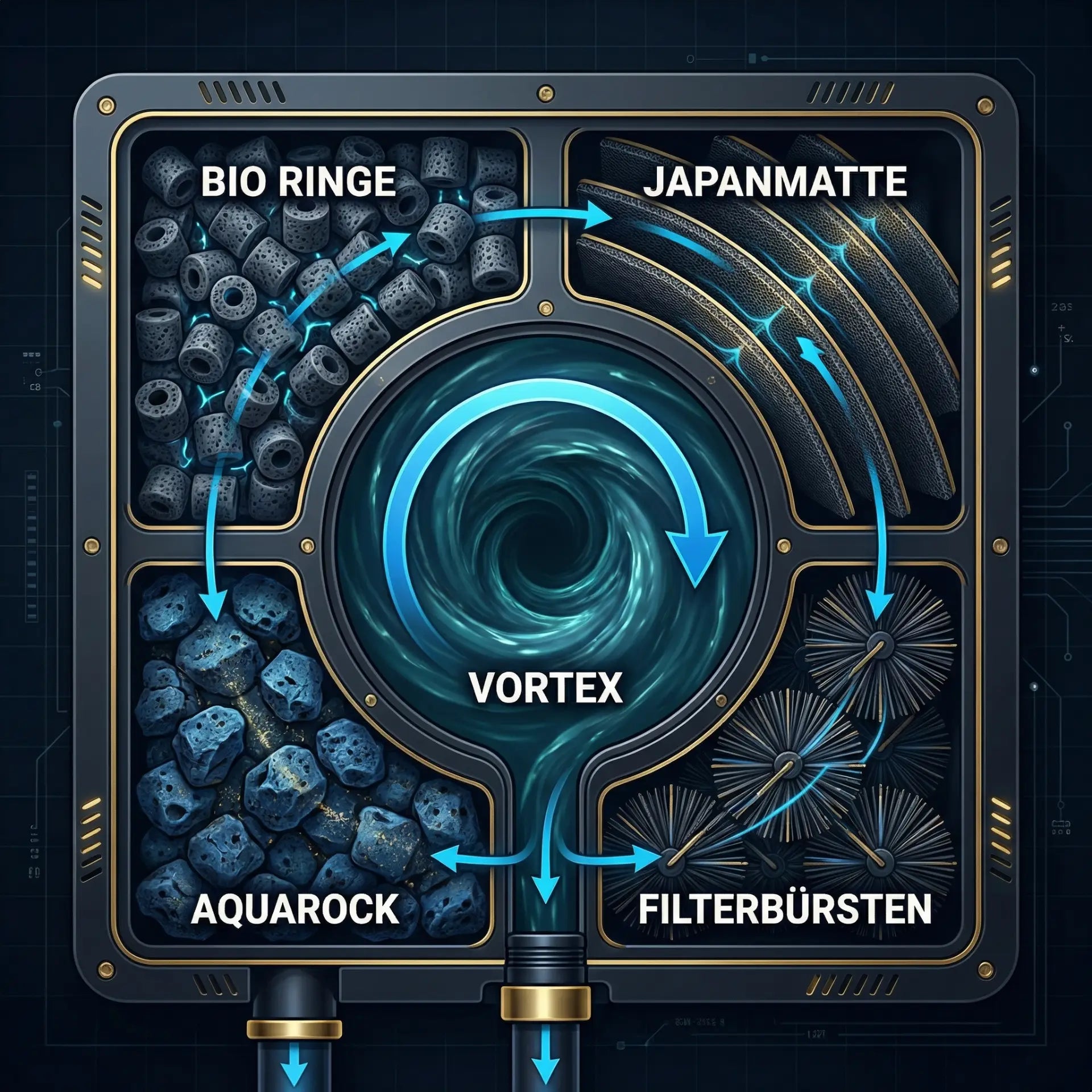 Tripond Center Vortex Strömungsdiagramm – Querschnitt von oben mit Vortex-Kreisströmung, Filterkammern und Wasserführung