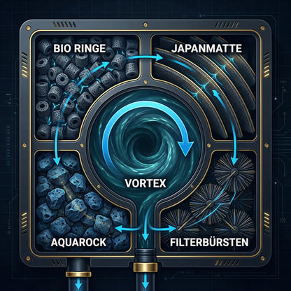 Tripond Center Vortex Strömungsdiagramm – Querschnitt von oben mit Vortex-Kreisströmung, Filterkammern und Wasserführung