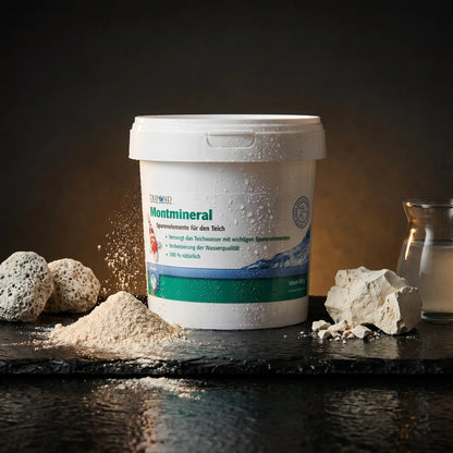 Tripond Montmineral auf schwarzem Naturschiefer mit natürlichen Zeolith-Steinen, cremefarbenem Mineral-Pulver, japanischer Kaolin-Tonerde und mineralhaltigem Wasser – japanische Mudpond-Mineralien und Spurenelemente für den Koiteich