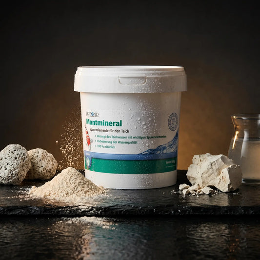 Tripond Montmineral auf schwarzem Naturschiefer mit natürlichen Zeolith-Steinen, cremefarbenem Mineral-Pulver, japanischer Kaolin-Tonerde und mineralhaltigem Wasser – japanische Mudpond-Mineralien und Spurenelemente für den Koiteich