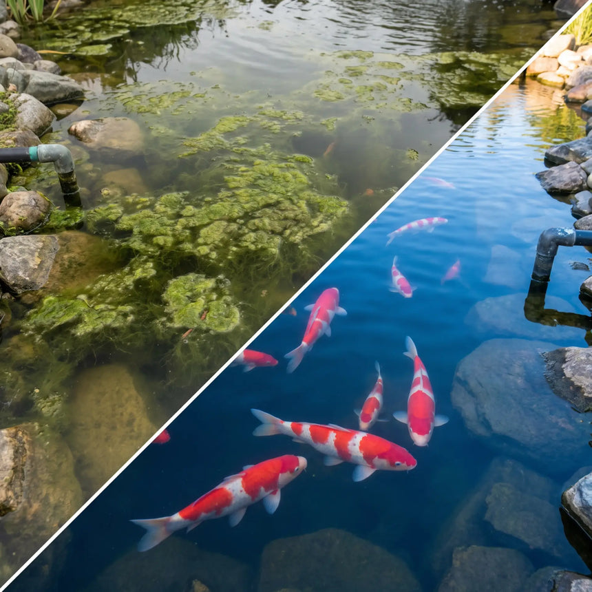 Koiteich Vorher-Nachher: Links Fadenalgenbefall, rechts klares Wasser mit Koi nach TRIPOND Peroxyd