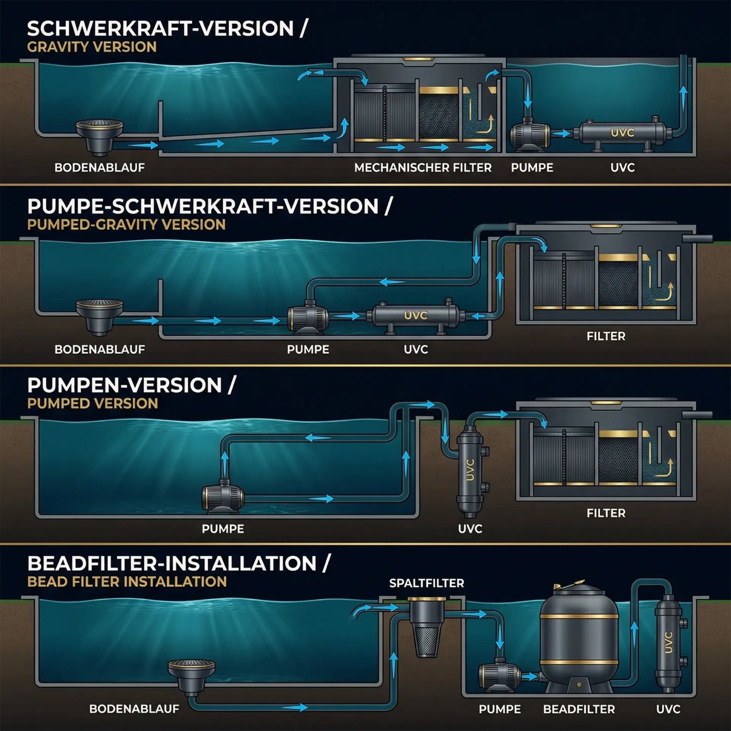 TRIPOND Reihenfilter technisches Schema – Querschnitt der Filterkammern für mechanische und biologische Filterung im Schwerkraftbetrieb