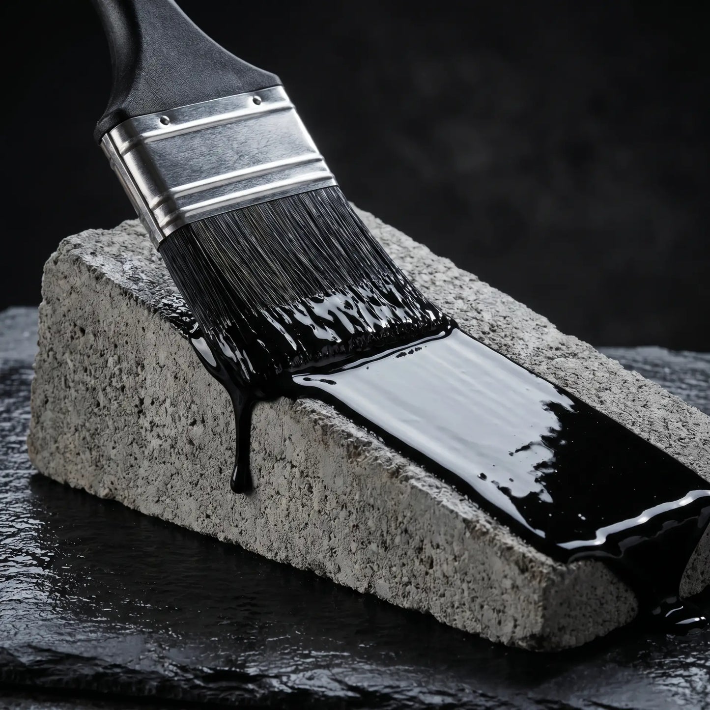Tripond Teichfolie Flüssig wird mit Pinsel auf Betonoberfläche aufgetragen – glänzend-schwarze Bitumenbeschichtung im Auftragungsmoment auf grauem Beton – Anwendungsfoto flüssige Teichfolie auf Betonteich