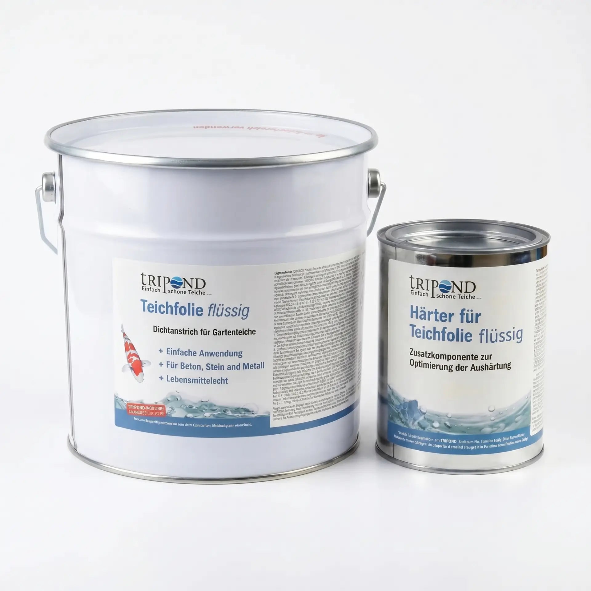 TRIPOND Teichfolie Flüssig und Härter als Set – große und kleine schwarze Dose, professionelles Produktfoto
