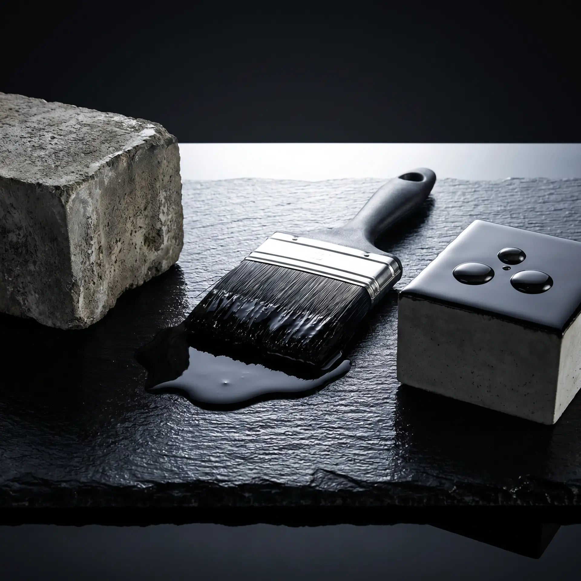Flüssige Teichfolie Kategorie – roher Beton, Pinsel mit schwarzem Bitumen-Liquid und wasserdicht beschichtete Betonprobe mit abperlenden Tropfen auf schwarzem Naturschiefer – Tripond Bitumen-Abdichtung für Gartenteiche und Koiteiche